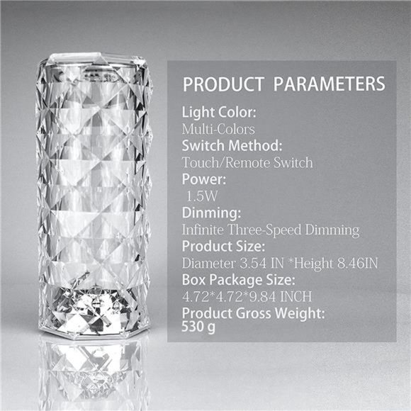 Crystal Table Lamp RGB Color Changing Night Light, Romantic LED Rose Diamond - Picture 6 of 6